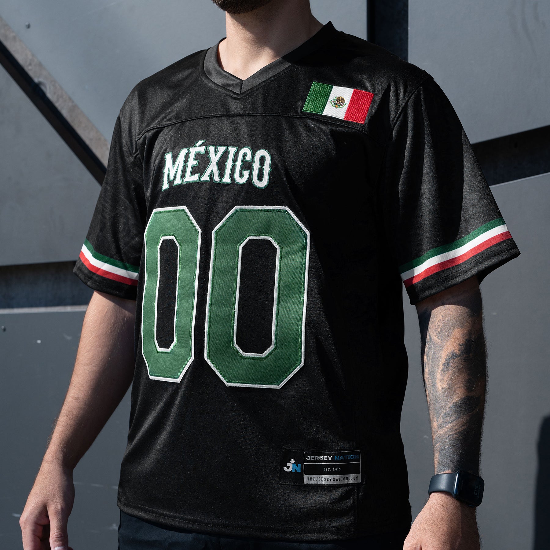 Mexico Heritage Custom American Football Black Jersey Front Closeup