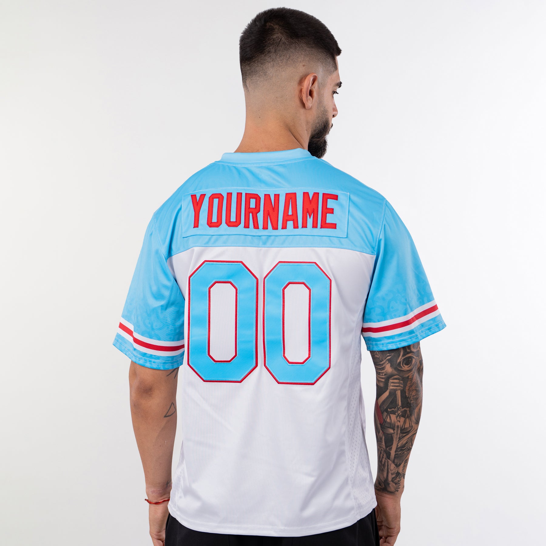 Puerto Rico Borinquen Heritage Custom American Football Azul Celeste Jersey Model Back Customized
