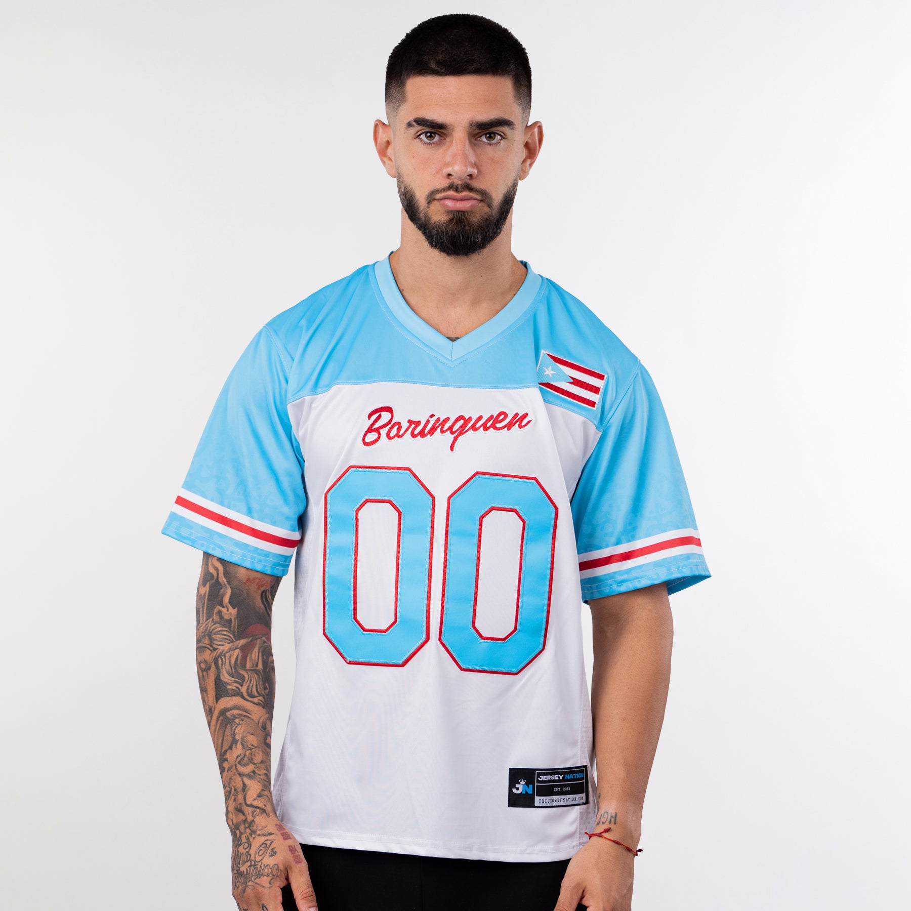 Puerto Rico Borinquen Heritage Custom American Football Azul Celeste Jersey Model Front