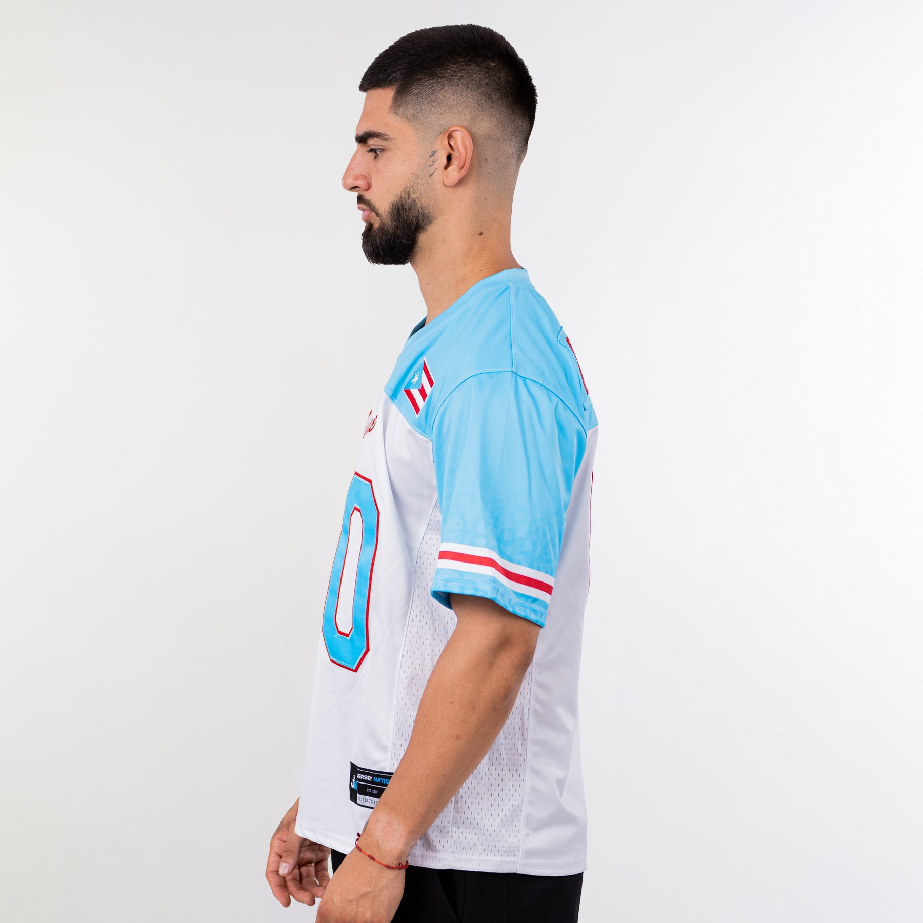 Puerto Rico Borinquen Heritage Custom American Football Azul Celeste Jersey Model Side Sleeves