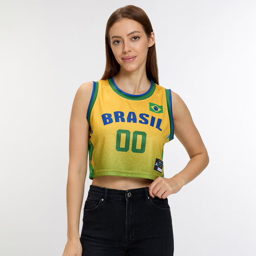 Brazil Heritage Cropped Basketball Jersey - Front Model || Model is 5’8” 121 lbs wearing S