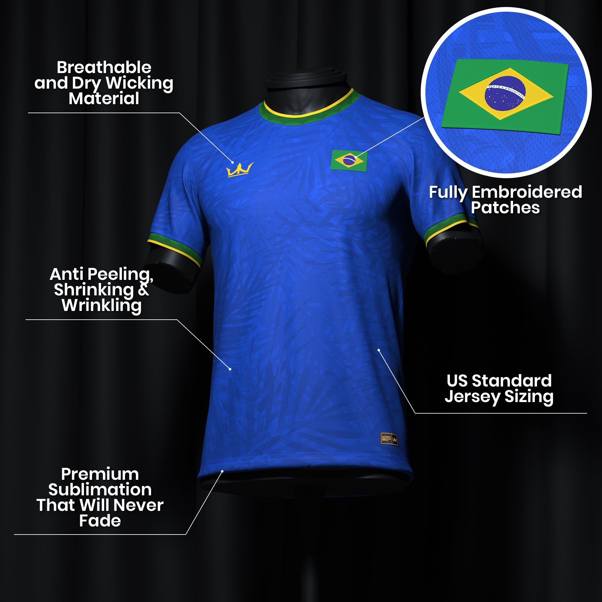 Brazil Heritage Custom Football Soccer Jersey Blue Closeups Details