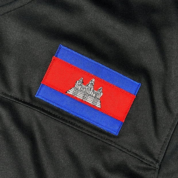 Cambodia Heritage Black Custom American Football Jersey Embroidered Flag Closeup