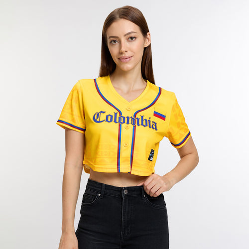 Colombia Heritage Cropped Baseball Jersey Yellow - Front Model || Model is 5’8” 121 lbs wearing S