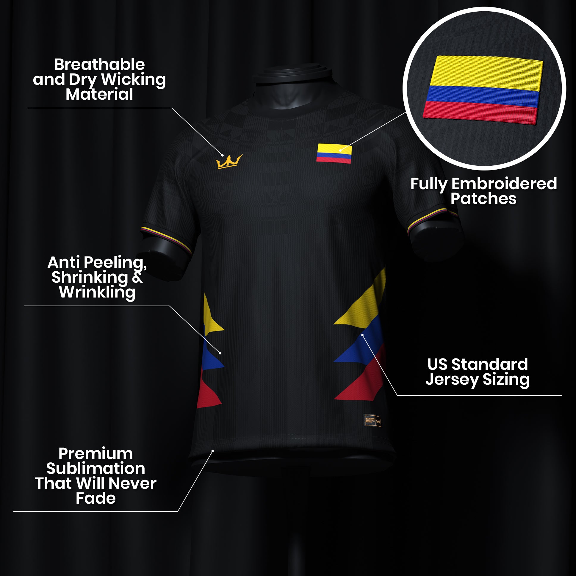 Colombia Heritage Custom Black Football Jersey Closeup Details