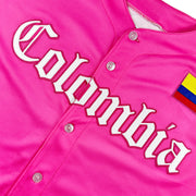 Colombia Heritage Custom Pink Baseball Jersey Closeup Embroidered Front