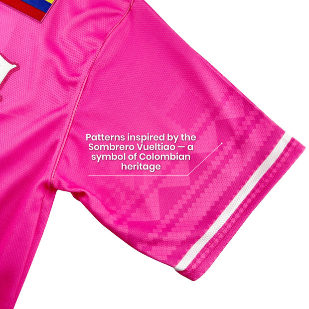 Colombia Heritage Custom Pink Baseball Jersey Closeup Sleeves 