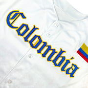 Colombia Heritage Custom White Baseball Jersey Model Closeup Embroidered Closeup Front