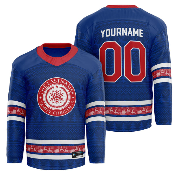 Custom Family Christmas Hockey Jersey in blue personalized last name on front, custom name and number on back. holiday matching outfit