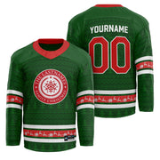 Custom Family Christmas Hockey Jersey in green personalized last name on front, custom name and number on back. holiday matching outfit
