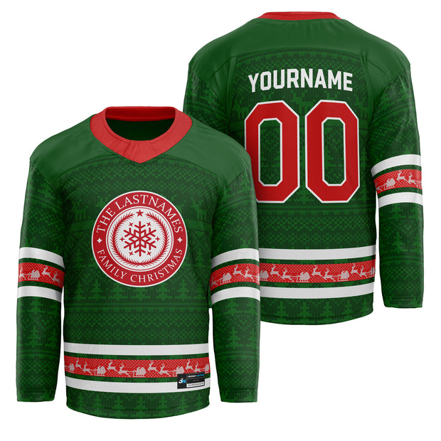 Custom Family Christmas Hockey Jersey in green personalized last name on front, custom name and number on back. holiday matching outfit