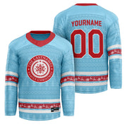 Custom Family Christmas Hockey Jersey in light ice blue personalized last name on front, custom name and number on back. holiday matching outfit