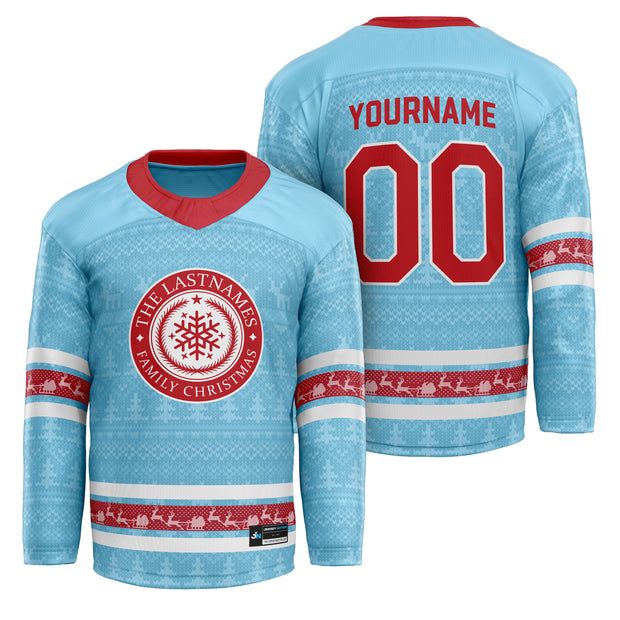 Custom Family Christmas Hockey Jersey in light ice blue personalized last name on front, custom name and number on back. holiday matching outfit
