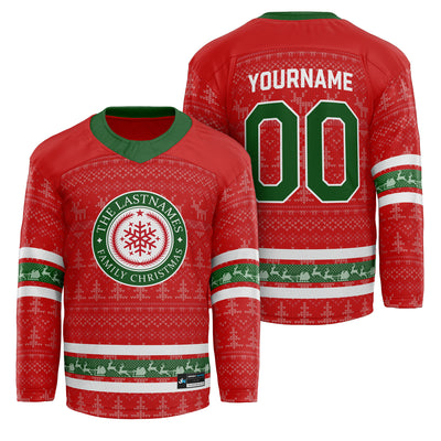 Custom Family Christmas Hockey Jersey in red personalized last name on front, custom name and number on back. holiday matching outfit