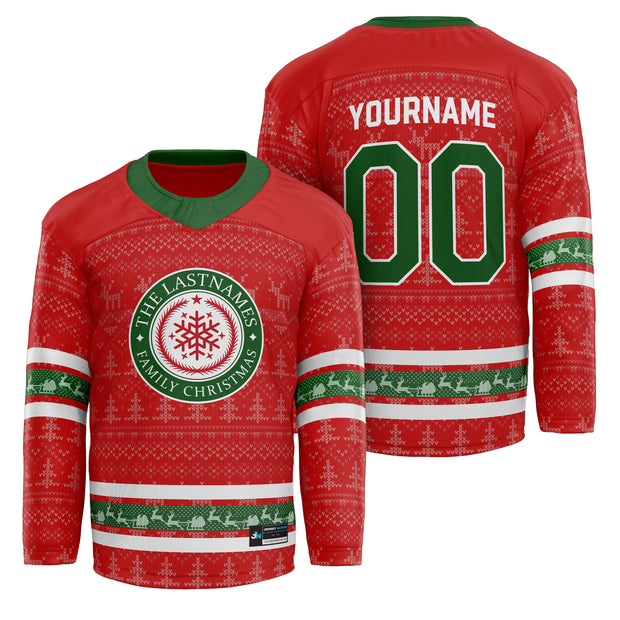 Custom Family Christmas Hockey Jersey in red personalized last name on front, custom name and number on back. holiday matching outfit