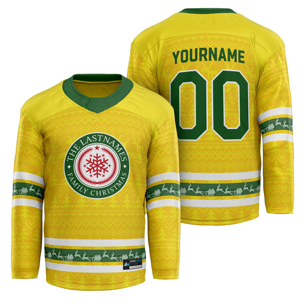 Custom Family Christmas Hockey Jersey in yellow personalized last name on front, custom name and number on back. holiday matching outfit