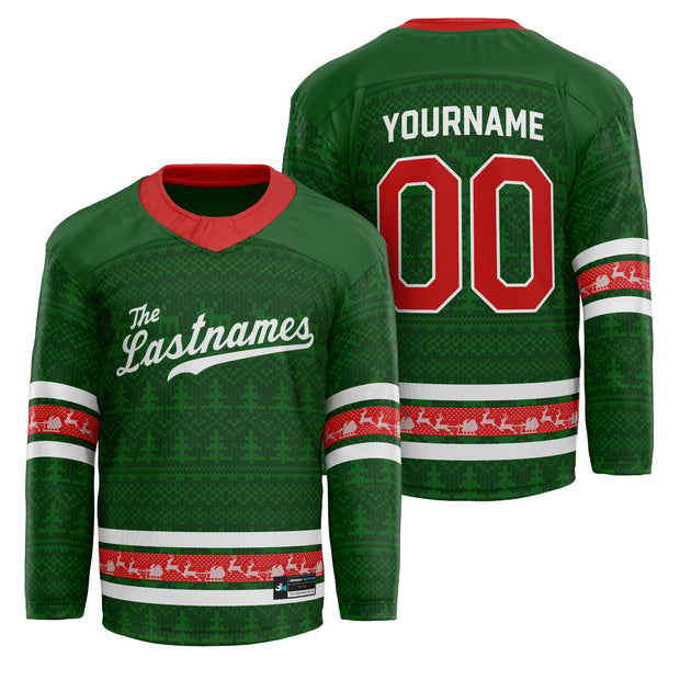 Customized Family Christmas Hockey Jersey in Green personalized last name on front, custom name and number on back. holiday matching outfit
