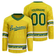 Customized Family Christmas Hockey Jersey in Yellow personalized last name on front, custom name and number on back. holiday matching outfit