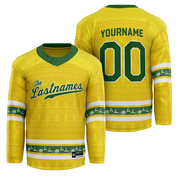Customized Family Christmas Hockey Jersey in Yellow personalized last name on front, custom name and number on back. holiday matching outfit