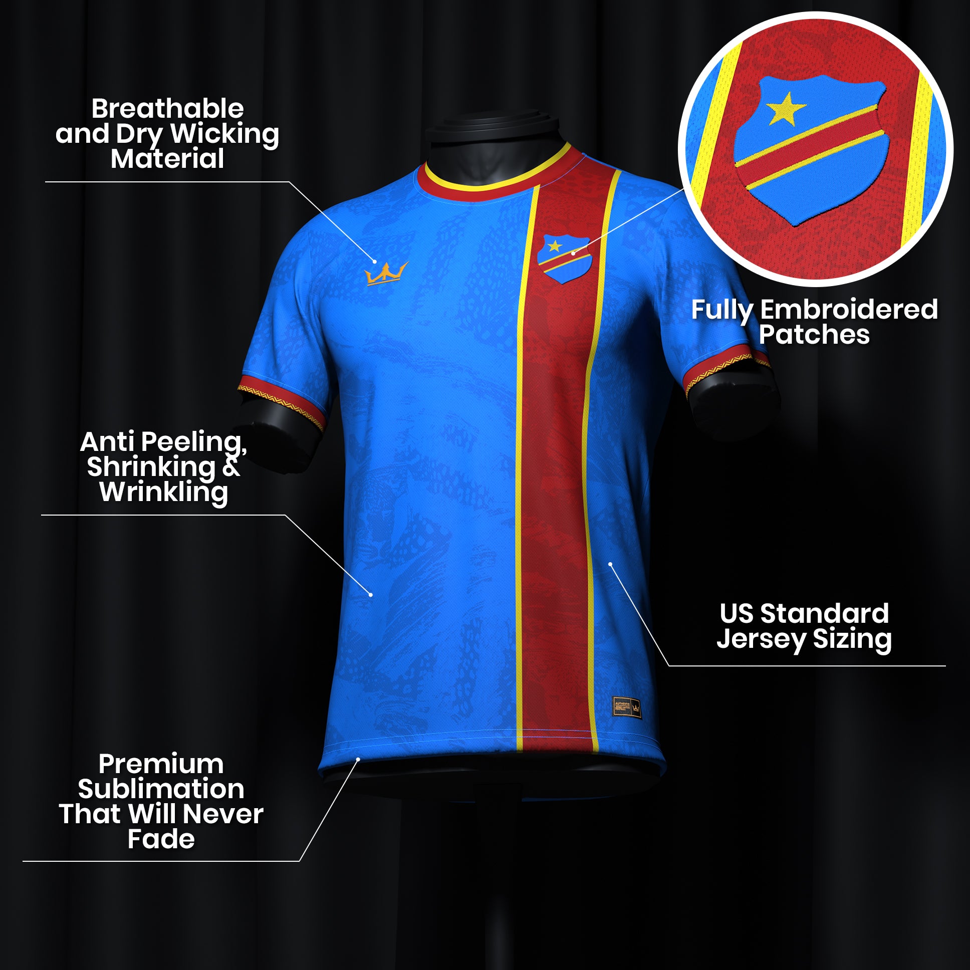 DR Congo Heritage Custom Football Jersey World Shirt Democratic Republic of Congo Closeup Details