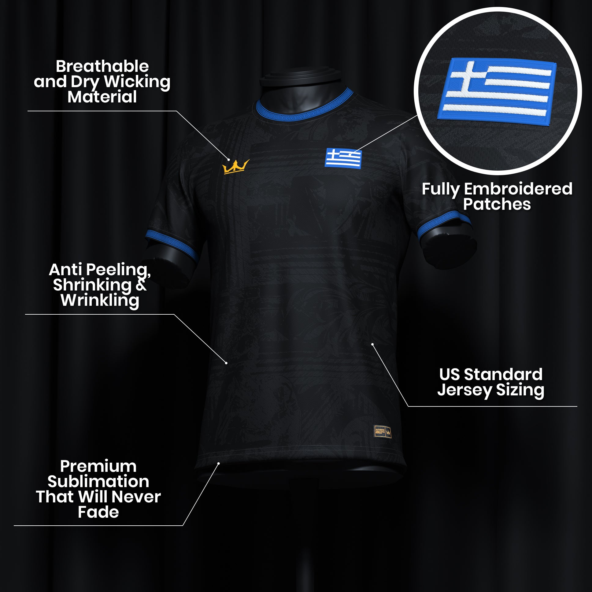 Greece Heritage Custom Football Jersey Black Closeup Details