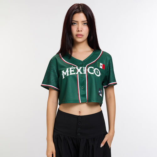 Mexico Heritage Cropped Baseball Jersey Green - Front Model || Model is 5’7” 107 lbs wearing S