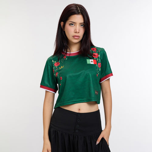 Mexico Heritage Cropped Floral Soccer Jersey - Front Model || Model is 5’7” 107 lbs wearing S