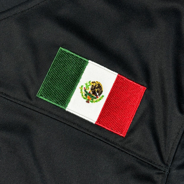 Mexico Heritage Black Custom American Football Jersey Embroidered Closeup Flag