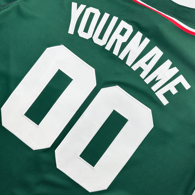 Mexico Heritage Custom Baseball Jersey Green Closeup Back Embroidered Customized 