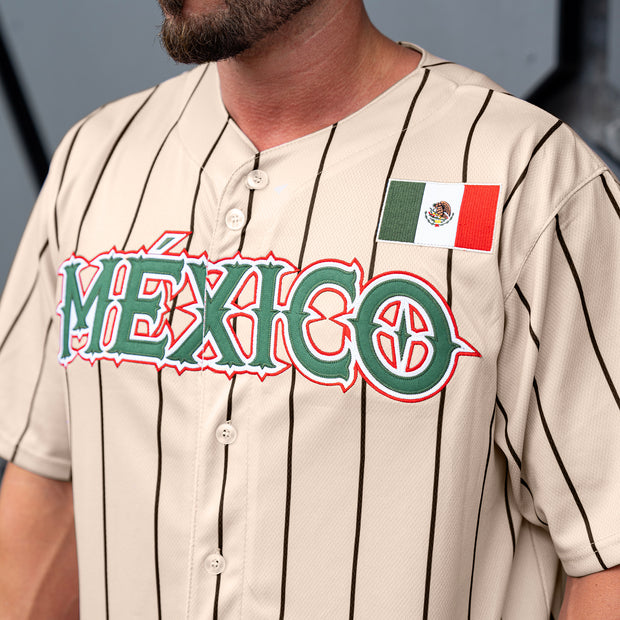 Mexico Heritage Custom Beige Baseball Jersey Model Closeup Embroidered 