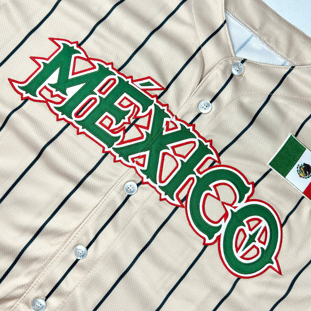 Mexico Heritage Custom Beige Baseball Jersey Stitched Closeup