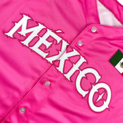 Mexico Heritage Custom Pink Baseball Jersey Embroidered Closeup Front