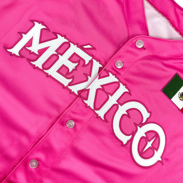Mexico Heritage Custom Pink Baseball Jersey Embroidered Closeup Front