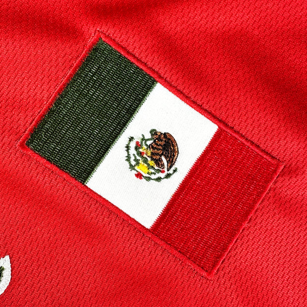 Mexico Heritage Custom Red Baseball Jersey Embroidered Flag Closeup