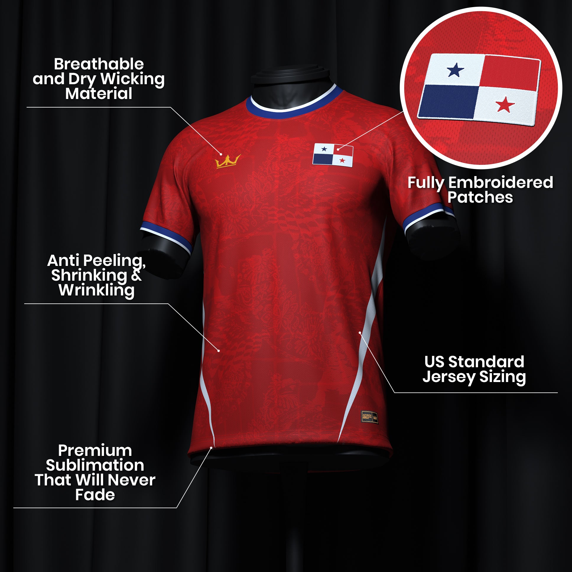 Panama Heritage Custom Football Jersey Red Closeup Details