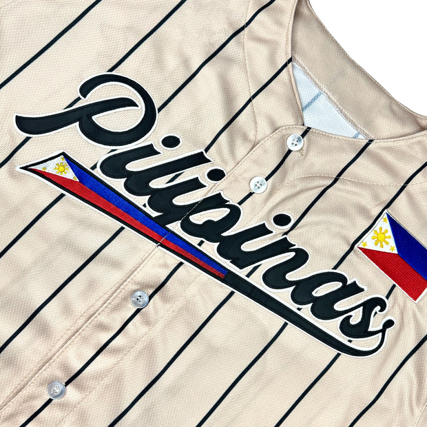 Philippines Heritage Custom Beige Baseball Jersey Embroidered Closeup