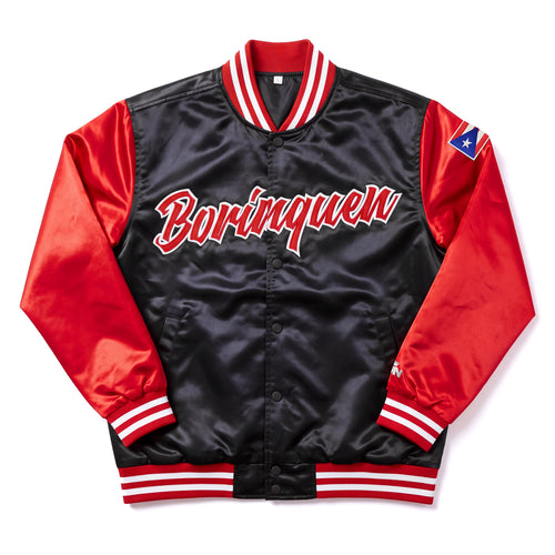 Puerto Rico Heritage Borinquen satin varsity-style jacket with a black body, red sleeves, and red-and-white striped ribbed collar, cuffs, and hem. The front has large red script lettering reading 'Borinquen' across the chest, and a small blue-and-white patch is visible on the right sleeve.