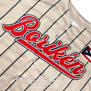 Puerto Rico Beige Navy Blue Boriken Heritage Custom Baseball Jersey Closeup Embroidery