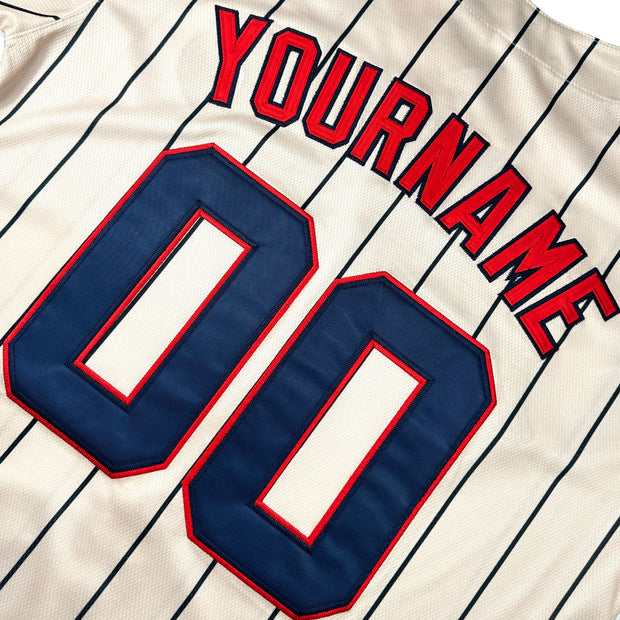 Puerto Rico Beige Navy Blue Boriken Heritage Custom Baseball Jersey Closeup Embroidery Customized Name