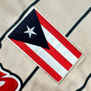 Puerto Rico Beige Navy Blue Boriken Heritage Custom Baseball Jersey Closeup Embroidery Flag