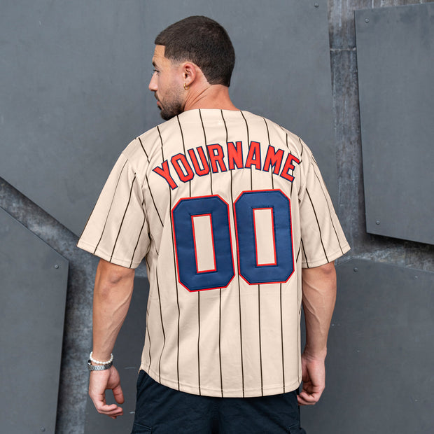Puerto Rico Beige Navy Blue Boriken Heritage Custom Baseball Jersey Model Closeup Embroidery Customized