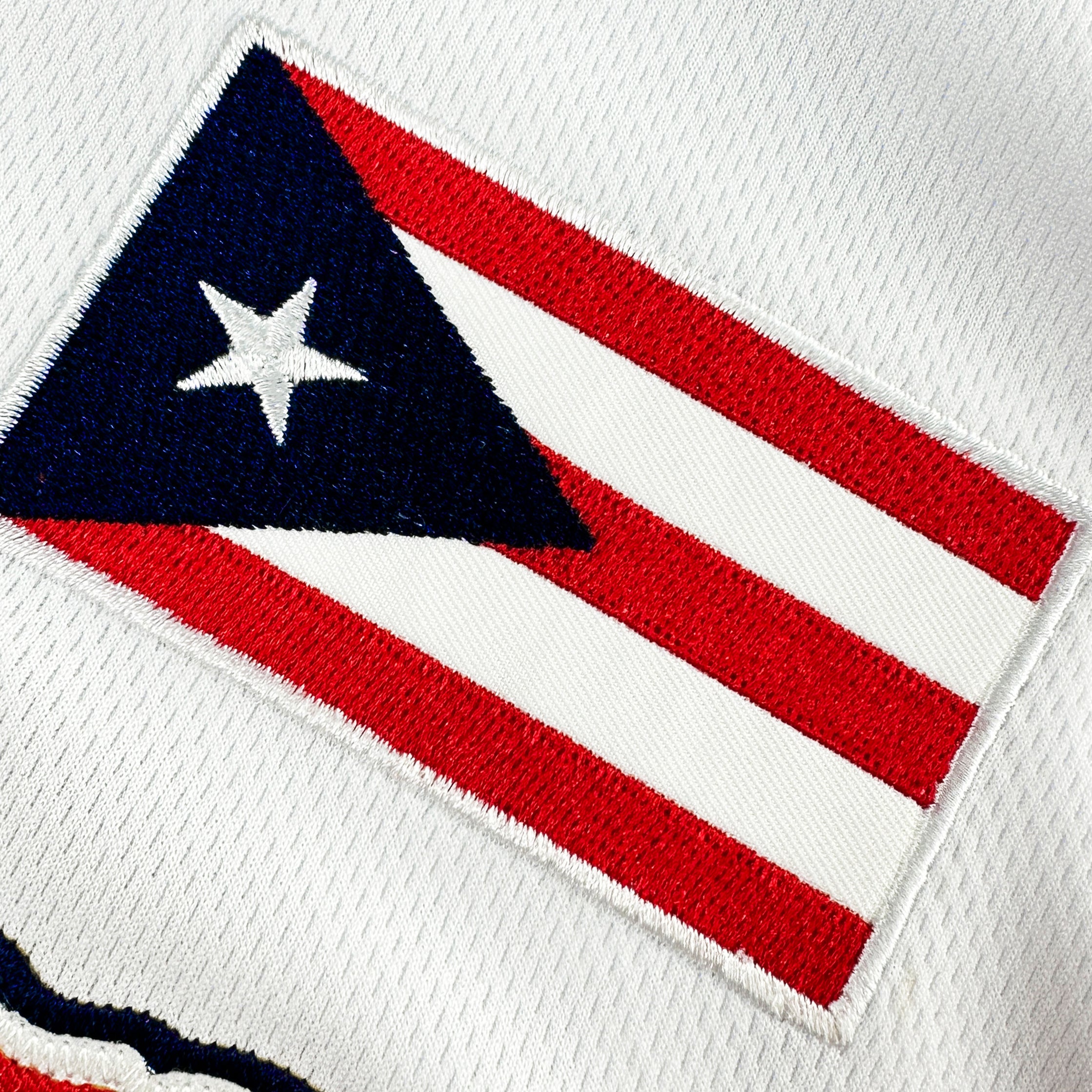 Puerto Rico Borikén Heritage Custom Baseball Jersey Navy-Blue and White Closeup Stitched Flag