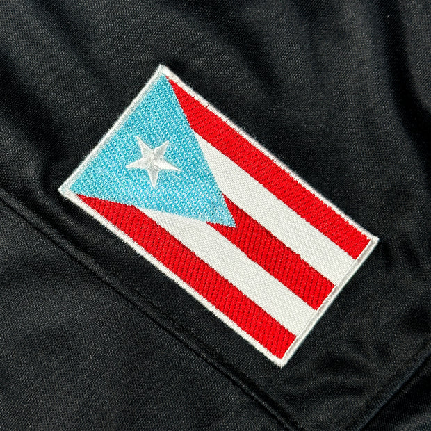 Puerto Rico Borinquen Heritage Black Azul Celeste Custom American Football Jersey Embroidered Closeup Flag