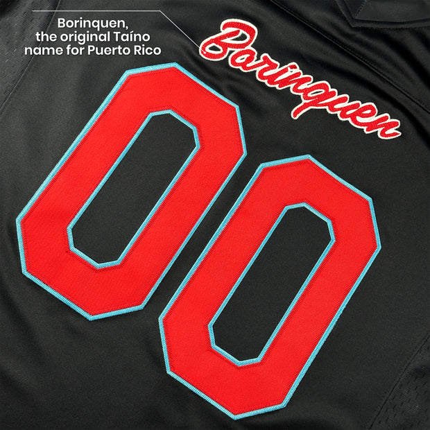 Puerto Rico Borinquen Heritage Black Azul Celeste Custom American Football Jersey Embroidered Closeup Front