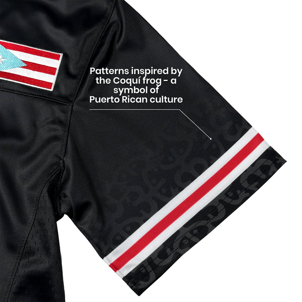 Puerto Rico Borinquen Heritage Black Azul Celeste Custom American Football Jersey Embroidered Sleeves Coqui Frog Details 