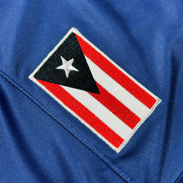 Puerto Rico Borinquen Heritage Navy Blue  Celeste Custom American Football Jersey Embroidered Closeup Flag