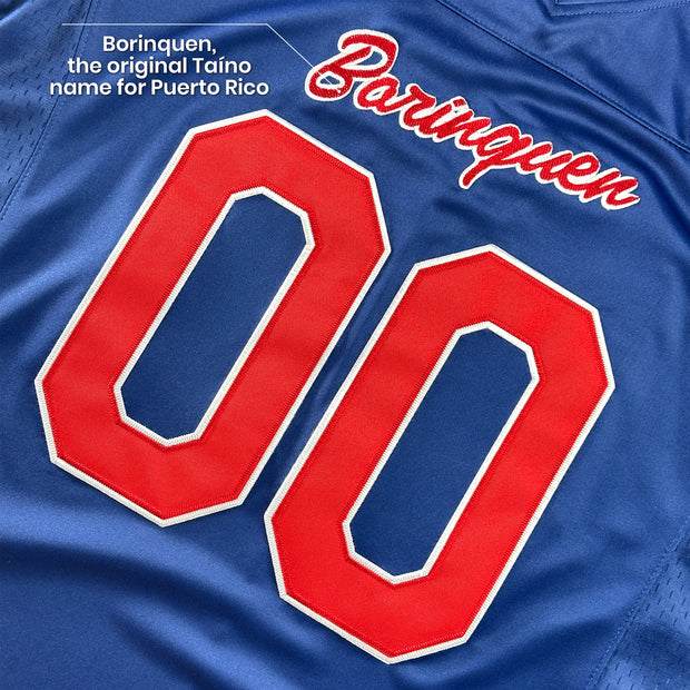 Puerto Rico Borinquen Heritage Navy Blue Custom American Football Jersey Embroidered Closeup Front