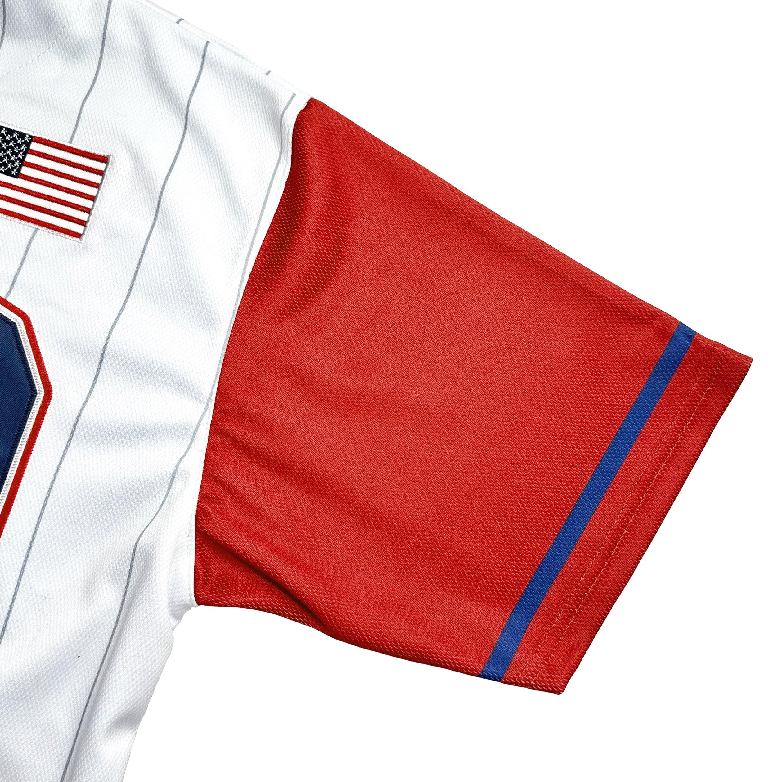 USA Heritage Custom Baseball Jersey White Pinstripes Closeup Sleeves American